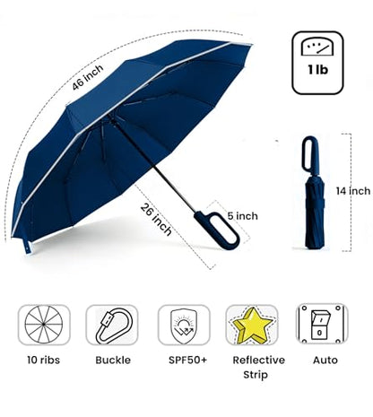 MRTLLOA Compact Travel Umbrella, 10 Ribs Windproof UV Protection - color: Navy Blue