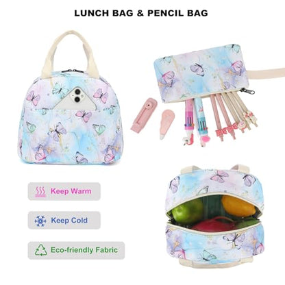Fuyicat School Backpack Set for Girls, 3-in-1 Kids Teens Elementary Middle School Bags Bookbag with Lunch Bag Pencil Case - color: Marble Butterfly Blue