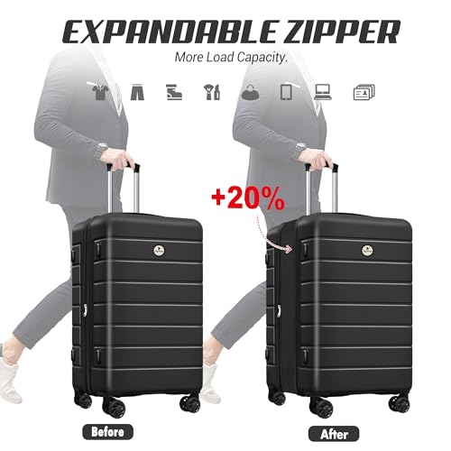 Keytang Classic Lightweight Hardside Expandable Spinner Wheels Luggage Suitcase W/TSA Lock 3-Piece Set with Backpack and Cosmetic Makeup Bag (5 Piece Set,Black) - color: Black, size: 777-5PCS (Front Open)