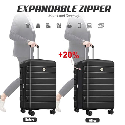 Keytang Classic Lightweight Hardside Expandable Spinner Wheels Luggage Suitcase W/TSA Lock 3-Piece Set with Backpack and Cosmetic Makeup Bag (5 Piece Set,Black) - color: Black, size: 777-5PCS (Front Open)