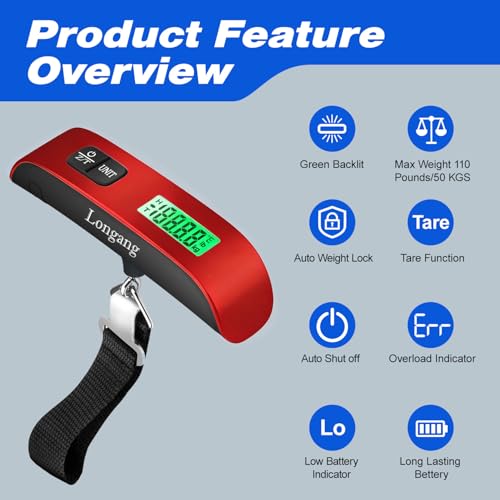 Digital Hanging Luggage Scale with Backlit for Travel, Portable Handheld Suitcase Weight Scale with Hook, 110 Pounds, Battery Included - color: Red