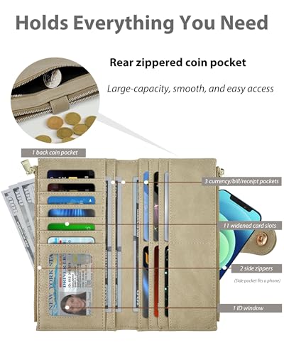 Women's Slim Wallet,Thin RFID Card Holder with Zipper Pocket - color: Khaki, size: Bifold