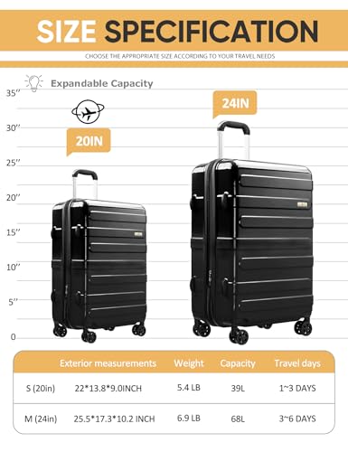 Tolino Luggage Sets 2 Piece (20/24 In),Expandable Suitcases with Wheels - color: Black, size: 2 Sets(20In/24In)