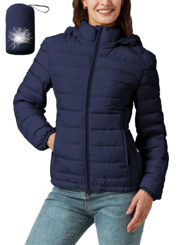 Packable Down Jacket Women Lightweight Quilted Puffer Coat Hooded Travel - color: Navy Blue, size: X-Large