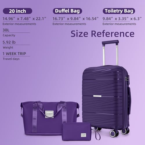 LARVENDER Carry On Luggage 22x14x9 Airline Approved, Suitcases with Wheels - color: Grape Purple, size: 3 Piece Set (20/DB/TB)