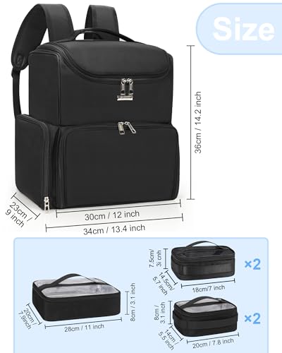Relavel Makeup Backpack Large Bag with 5 Clear Set Bags, Dual Layer Professional Cosmetic Organizer Travel Train Case Makeup Artist Kit with Adjustable Dividers & Easy to Clean Lining, Black - color: Black (5 clear bags), size: Large