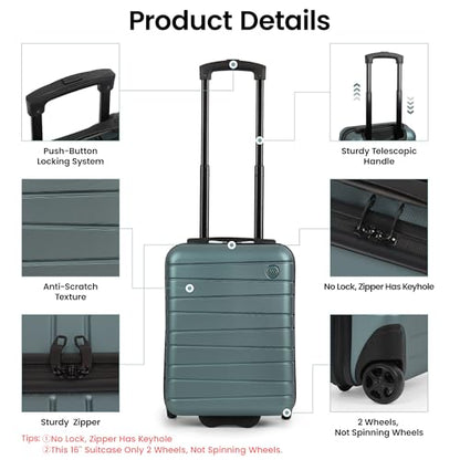 16" Carry-On Suitcase,2 Wheels,Hardshell Suitcase,NO LOCK - color: Green, size: Carry on - 16 Inch