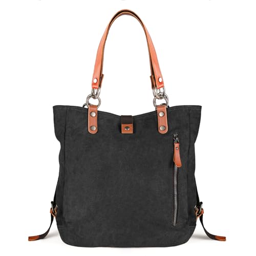 SHANGRI-LA Canvas Tote Handbag Casual Purse Shoulder Bag for Women Convertible Backpack - color: Black-1