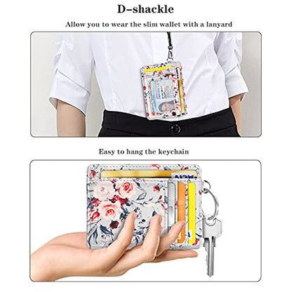 Coco Rossi Slim Front Pocket Wallet RFID ID Card Holder Cute Small Wallet with Keychian for Women,Grey Flowers - color: Grey Flower