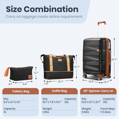TRAVELEO Luggage Sets 6 Piece Expandable Suitcase (20/24/28), Cosmetic Case - color: Black, size: 6 Piece Set (14in/20in/24in/28in/DB/TB)