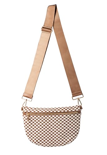 Woven Crossbody Bag for Women, Checkered PU Bum Bag Sling Purse with Adjustable Strap for Travel, Festivals - color: Brown and White Checkered Woven
