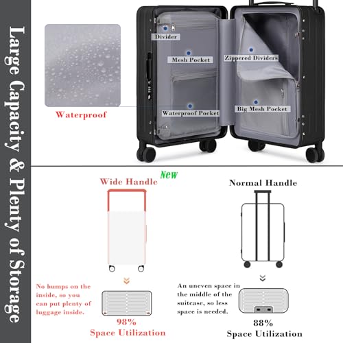 Somago Carry On Luggage Wide Handle 20 Inch Suitcase with Front Compartment Aluminum Framed PC Hardside 22x14x9 No Zipper Business Baggage with Spinner Wheels USB Charging Port TSA Lock - color: Black, size: Front Open 20 inch