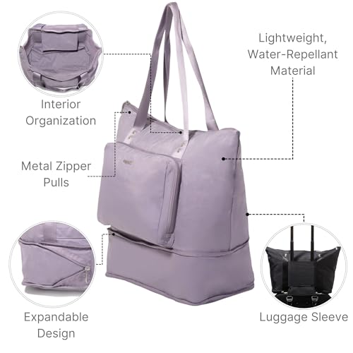 Baggallini Carryall Expandable Lightweight Travel Tote 22" Packable Folding Compact Nylon Washable Weekender w/Luggage Sleeve - color: Lilac