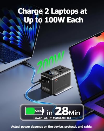 200W GaN Universal Travel Adapter, Dual 100W USB-C for 2 Laptops - color: GaN200W with Smart Display-Black+White