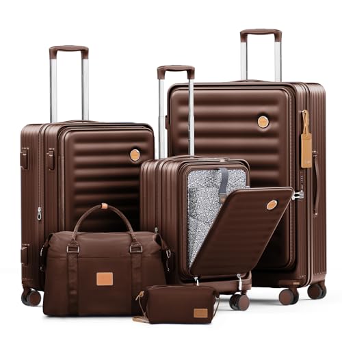 Joyway Luggage Sets 5 Piece with Front Pocket, Expandable Top Opening Suitcase Set, PC Hardside Carry on Suitcase with Spinner Wheels and TSA Lock (Coffee) - color: Coffee, size: 5 Piece Set (20/24/28 Inch)
