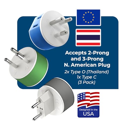 OREI Thailand Power Plug Adapter with 2 USA Inputs - Travel 3 Pack - 2 x Type O, 1 x Type C (US-18) Safe Grounded Use with Cell Phones, Laptop, Camera Chargers, CPAP, and More - style: Type O -Thailand