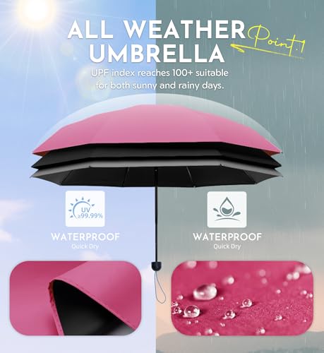 Mini Umbrella for Travel Compact - UPF 100+ UV Sun Umbrella for Purse Backpack,Super mini Sturdy Pocket Folding Umbrella with Absorbent Sleeve, Heavy Duty Parasol - color: 1-Rose