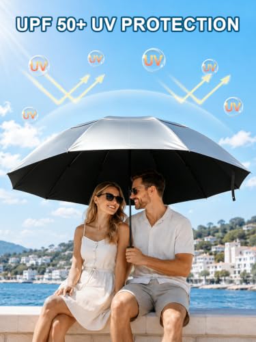 Kalolary 55/62 Inch Large Golf Umbrella UV Protection Compact Umbrella - color: Silver