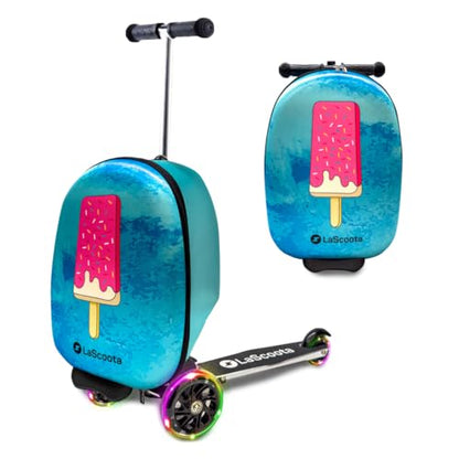 Lascoota Scooter Suitcase - Foldable 2-in-1 Luggage - LED Light Wheels & Lightweight Carry Luggage - Overhead-Ready Carry Suitcase for Kids - Ice Cream, 17.3 x 12.4 x 8.7 in - color: Ice Cream