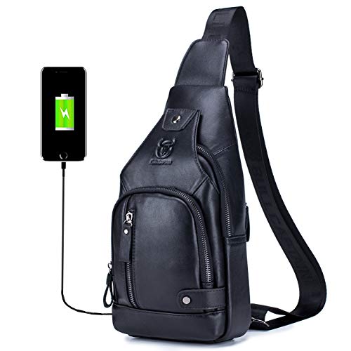 BULLCAPTAIN Genuine Leather Sling Bag for Men XB-129 | USB Charging Port, Multi-pocket, Chest Bag, Hiking Travel Daypack - color: Magic Black
