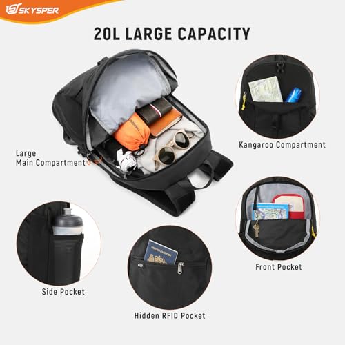 SKYSPER Small Packable Hiking Backpack 20L Anti-theift Travel Daypack - color: Black