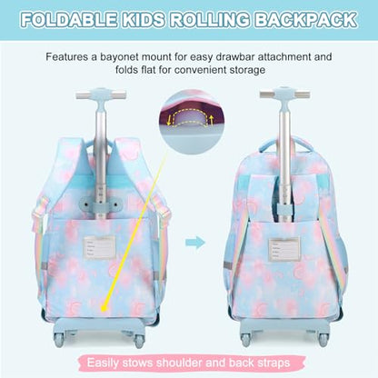 3PCS Rainbow Butterfly Rolling Backpack for Girls with Lunch Box (Blue) - color: Blue
