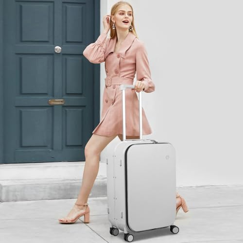 mixi Luggage Suitcase with Spinner Wheels, 24'' Checked Travel Luggage Aluminum Frame PC Hardside with TSA Lock & Cover - Smoke White - color: Smoke White, size: 24-inch