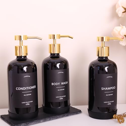 Shampoo and Conditioner Dispenser Set of 3 - color: Black Bottles + Gold Pumps