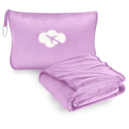 Travel Blanket and Pillow Compact, Premium Soft 2 in 1 Airplane Blanket with Soft Bag Pillowcase，Hand Luggage Sleeve and Backpack Clip (Solid Purple) - color: Purple