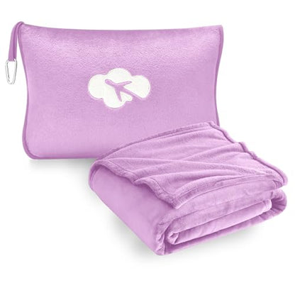 Travel Blanket and Pillow Compact, Premium Soft 2 in 1 Airplane Blanket with Soft Bag Pillowcase，Hand Luggage Sleeve and Backpack Clip (Solid Purple) - color: Purple