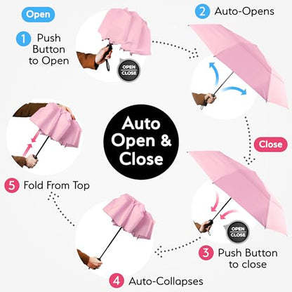 TUMELLA Strongest Windproof Travel Umbrella (Compact, 100MPH Wind-Tested), Light, Portable, One-Handed Use, Automatic Folding Rain Umbrella, Durable, Premium Grip, Fits Car & Backpack - color: 1-pack Soft Pink