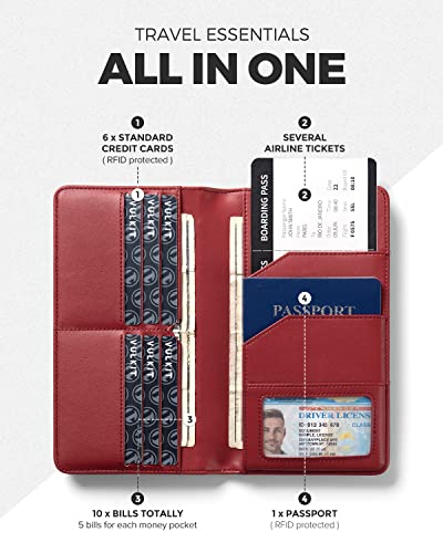 VULKIT Passport Wallet for Travel RFID Blocking Premium Leather - color: Red