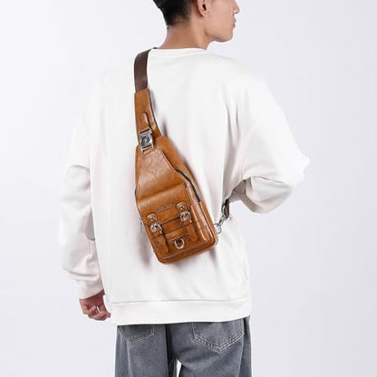 PU Leather Sling Bag for Men - Waterproof, Lightweight, Crossbody Chest Bag for Hiking & Cycling - color: B-light Brown