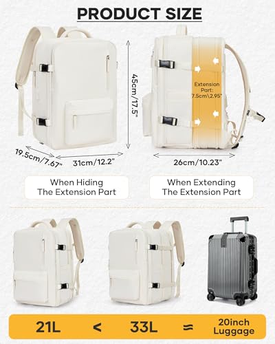 coofay Vacuum Backpack with Pump, Expandable Carry On Travel Backpack | 15.6" Laptop Compartment, Vacuum Compression System, Water-Resistant, Shoe Compartment & USB Charging Port, Beige - color: Beige, size: Extended-with Pump