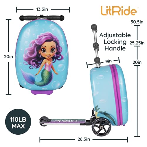 Kids Ride-On Scooter Suitcase, Carry-On Luggage, Ages 4+ - style: Mermaid