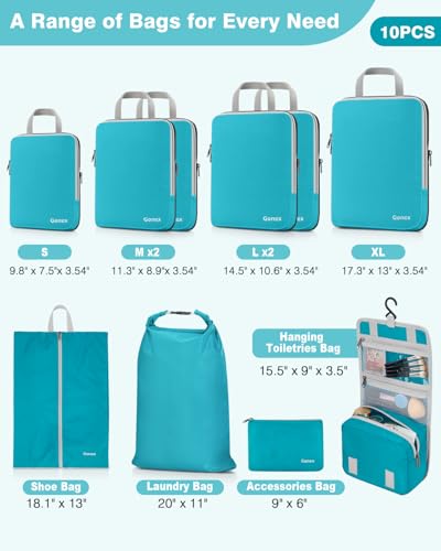 Gonex 10-Piece Compression Packing Cubes with Travel Organizer Set - color: 10-Blue, size: 10 Set