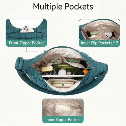 Puffer Crossbody Hobo Bag for Women Nylon Quilted Purse Lightweight Shoulder Handbag with Adjustable Strap - color: 04-peacock Blue