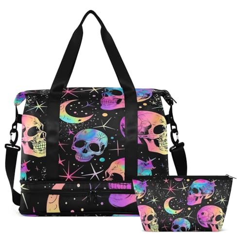 Weekender Bag for Women, Gym Sports Duffle Travel Tote with Toiletry Bag Shoes Compartment - color: Skull 18