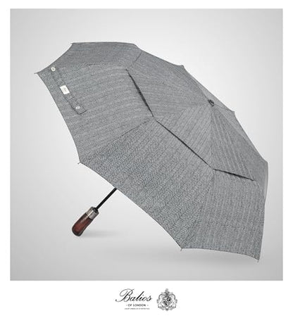 Balios Folding Umbrella Real Wood Handle Auto Open Close - color: Herringbone Classic Black