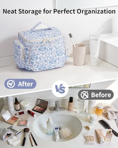 Narwey Hanging Travel Toiletry Bag for Women, Large Makeup Cosmetic Bag - color: Y-Blue Flower