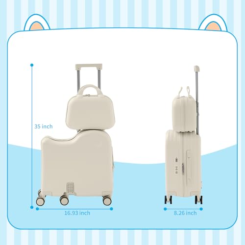 TABU Ride On Luggage Set with Bag, Carry On Suitcase for Kids, White - color: White