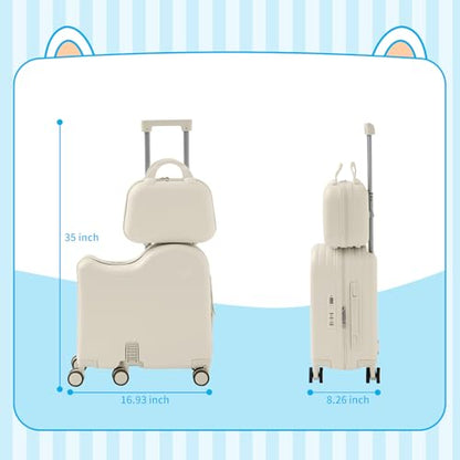 TABU Ride On Luggage Set with Bag, Carry On Suitcase for Kids, White - color: White