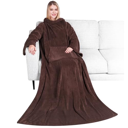 PAVILIA Blanket with Sleeves for Adult Women Men, Soft Warm Wearable Blanket Fleece Wrap Throw, Robe Blanket Gift - color: Brown