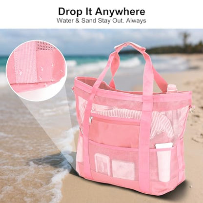 Mesh Beach Bags for Women - Plus Waterproof Sandproof Tote Bag - color: Pink With Top Zipper, size: Large