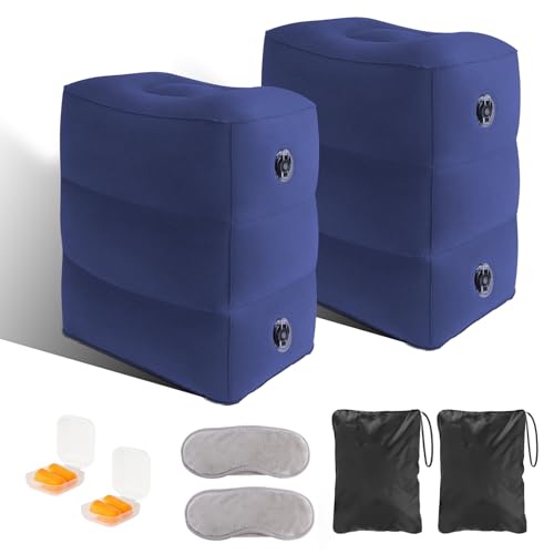 Inflatable Foot Rest Pillow for Airplane, 3 Height, Blue, 2-Pack | Adjustable Leg Rest Pillow for Air Travel, for Economy Class, Car, Office and Homes, with Earplugs and Eye Masks - size: 2 Pack