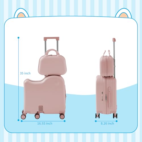 TABU Ride On Luggage Set with Bag, Carry On Suitcase for Kids, Pink - color: Pink