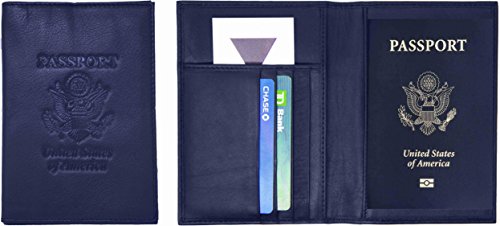 Genuine Cowhide Leather Navy Blue RFID-Blocking Passport Cover Case Holder & Wallet - color: Navy Blue (With RFID)