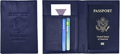 Genuine Cowhide Leather Navy Blue RFID-Blocking Passport Cover Case Holder & Wallet - color: Navy Blue (With RFID)