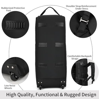 80L Travel Rolling Duffel Bag with wheels, Military Tactical Wheeled Foldable for Deployment Travel Camping Sports - color: Black