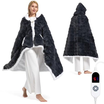 Wearable Heated Blanket Hoodie, Luxury Faux Fur & Sherpa Electric Throw Blanket, Heated Shawl Wraps Poncho with Pockets for Women Men, 3 Heat Levels & 12H Timer, ETL & FCC Certified, 40"x70",Dark Grey - color: Dark Grey, size: 40"x70"